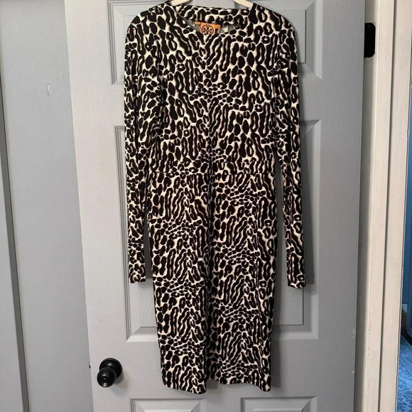Tory Burch A-Line Long Sleeve Silk Leopard Animal Print Dress Women Size M Med - Picture 1 of 7